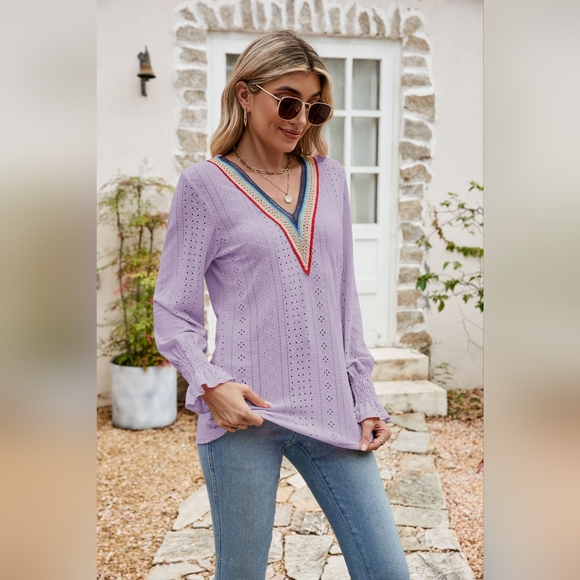 Eyelet Flounce Sleeve V-Neck Blouse.Hit The Like ♡ Button For SALE Price!! - Picture 3 of 3